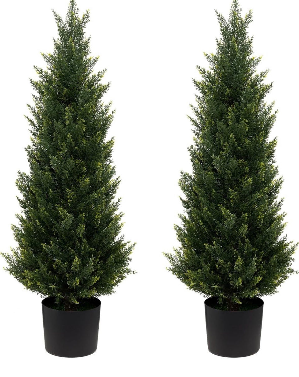 Open Box JoyPower 4.3 % Artificial Tree, 3FT Cedar Potted Plant, 2 Pack, UV Resistant, Indoor Outdoor Garden Decor