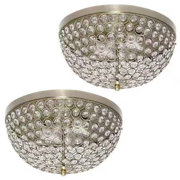 Open Box Elegant Designs Elipse 13 in. 2-Light Antique Brass Crystal Flush Mount Ceiling Light