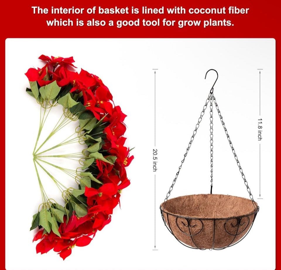 Open Box Ammyoo Artificial Christmas Poinsettia Flowers Hanging Basket for Outdoor Decoration, Fake Silk Christmas Flowers Plant Pot Planter for Garde