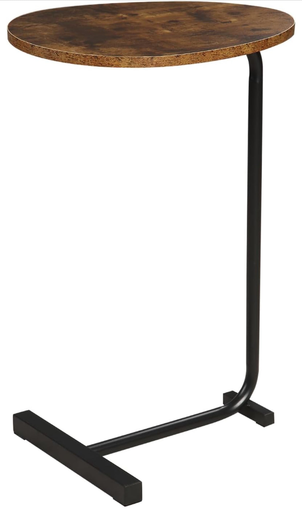 Rustic C-shaped end table with round wooden top and black metal frame for living room or bedroom use