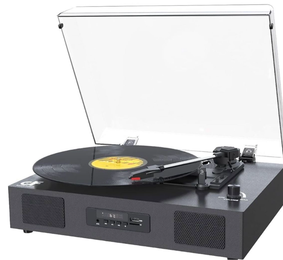 DANFI AUDIO DF Bluetooth turntable with built-in speakers, USB recording, and 3-speed vintage record player with clear dust cover