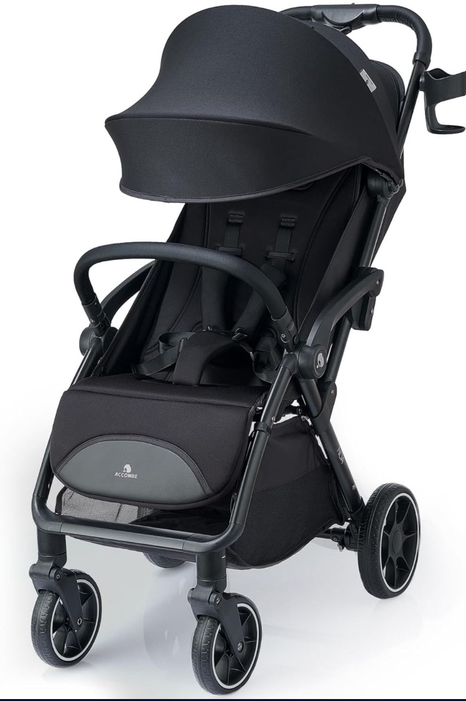 Compact travel stroller with self-folding design, lightweight frame, oversized canopy, and adjustable backrest for newborns and toddlers.