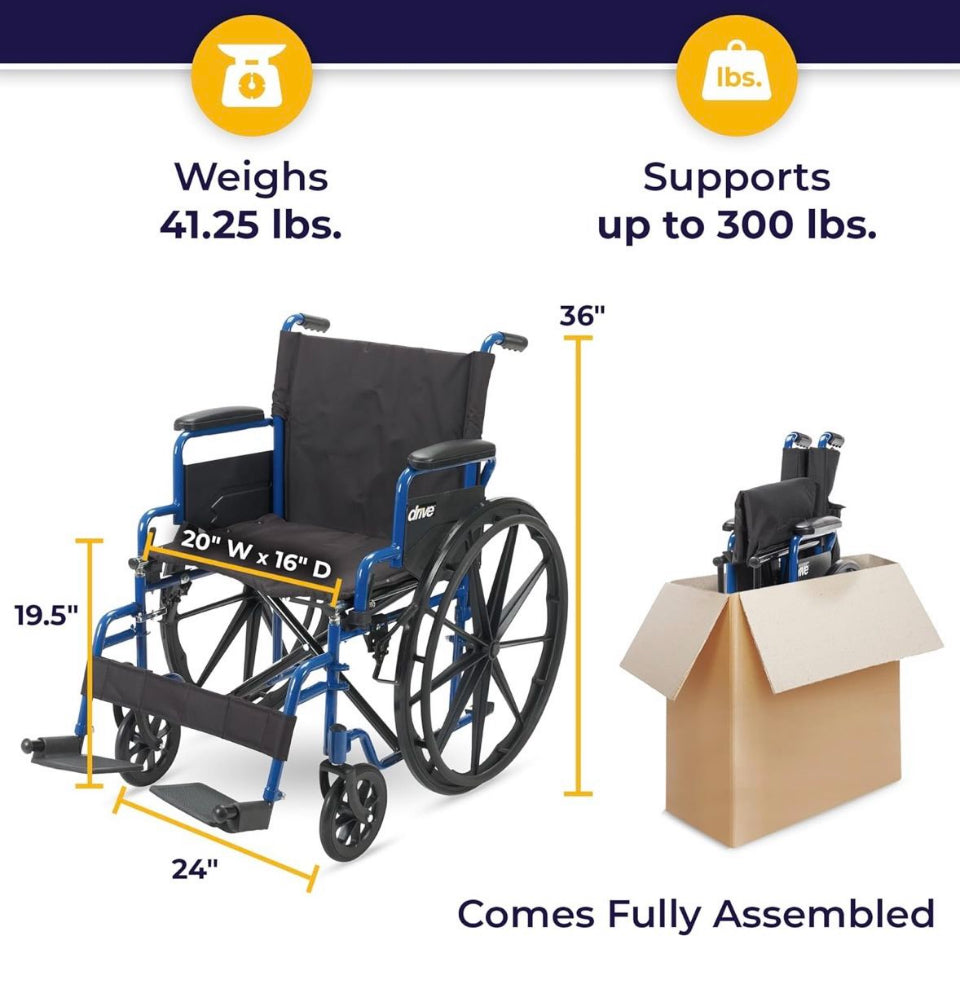 Open box new Drive Medical Blue Streak Wheelchair with Flip Back Desk Arms, Swing Away Footrests,FoldingDesk Length Arms, Alloy Steel, 20 Inch Seat