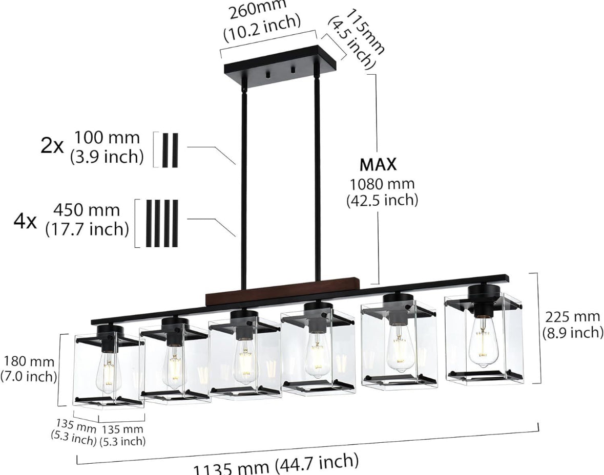 TULUCE 6 Light Farmhouse Chandelier Lighting Vintage Pendant Lighting Clear Glass Shade Flush Mount Lighting Fixture Black Pendant Lamp for Entryways, - Selzalot