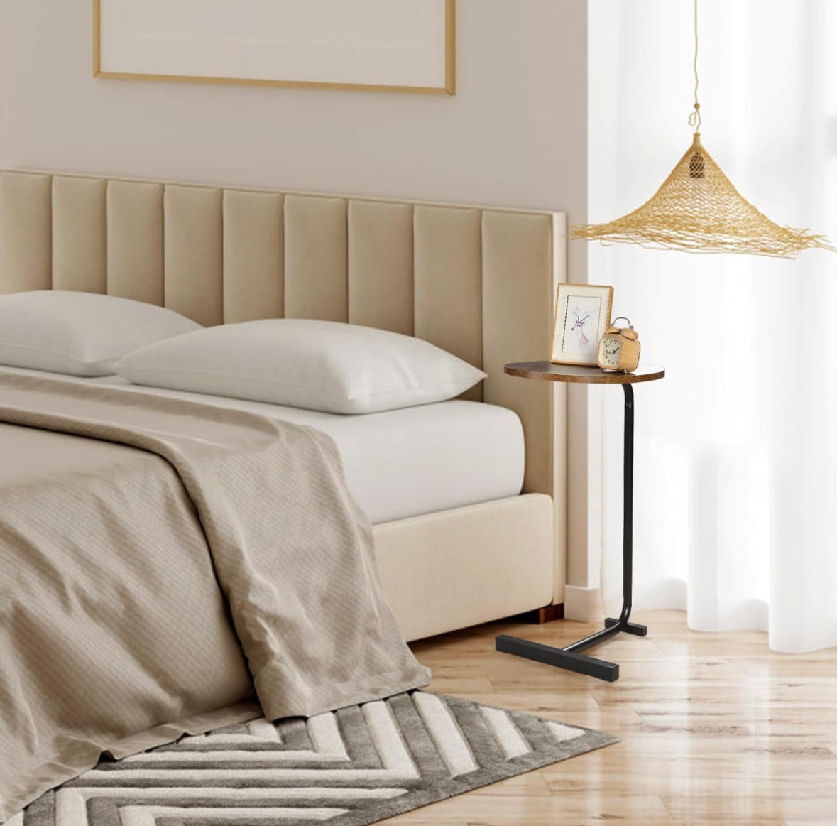 C-Shaped End Table, Round Couch Table for Living Room, Side Table for Bedroom, C Table with Metal Frame for Couch, Sofa, Bedside and Tv Tray, Rustic B