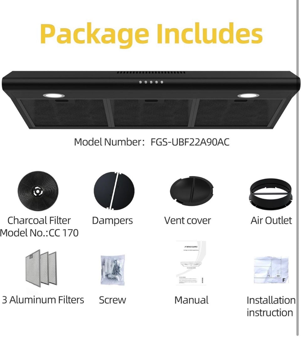 Open Box FIREGAS 36 Inch Black Under Cabinet Range Hood, 200 CFM Ducted/Ductless Convertible Kitchen Hood with 3-Speed Stove Vent Fan, LED Lights, Alu