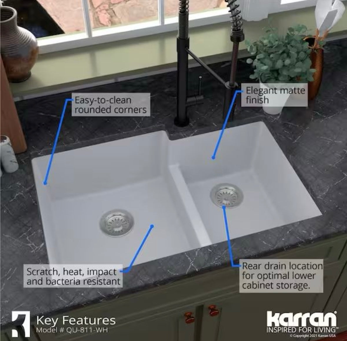 Open Box Karran Quartz/Granite White 33 in. 60/40 Double Bowl Composite Undermount Kitchen Sink