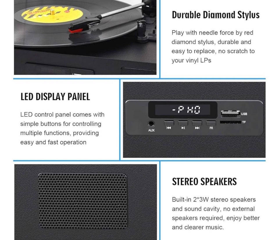 DANFI AUDIO DF Record Player Bluetooth Turntable with Built-in Speaker, USB Recording Audio Music Vintage Portable Turntable for Vinyl Records 3 Speed