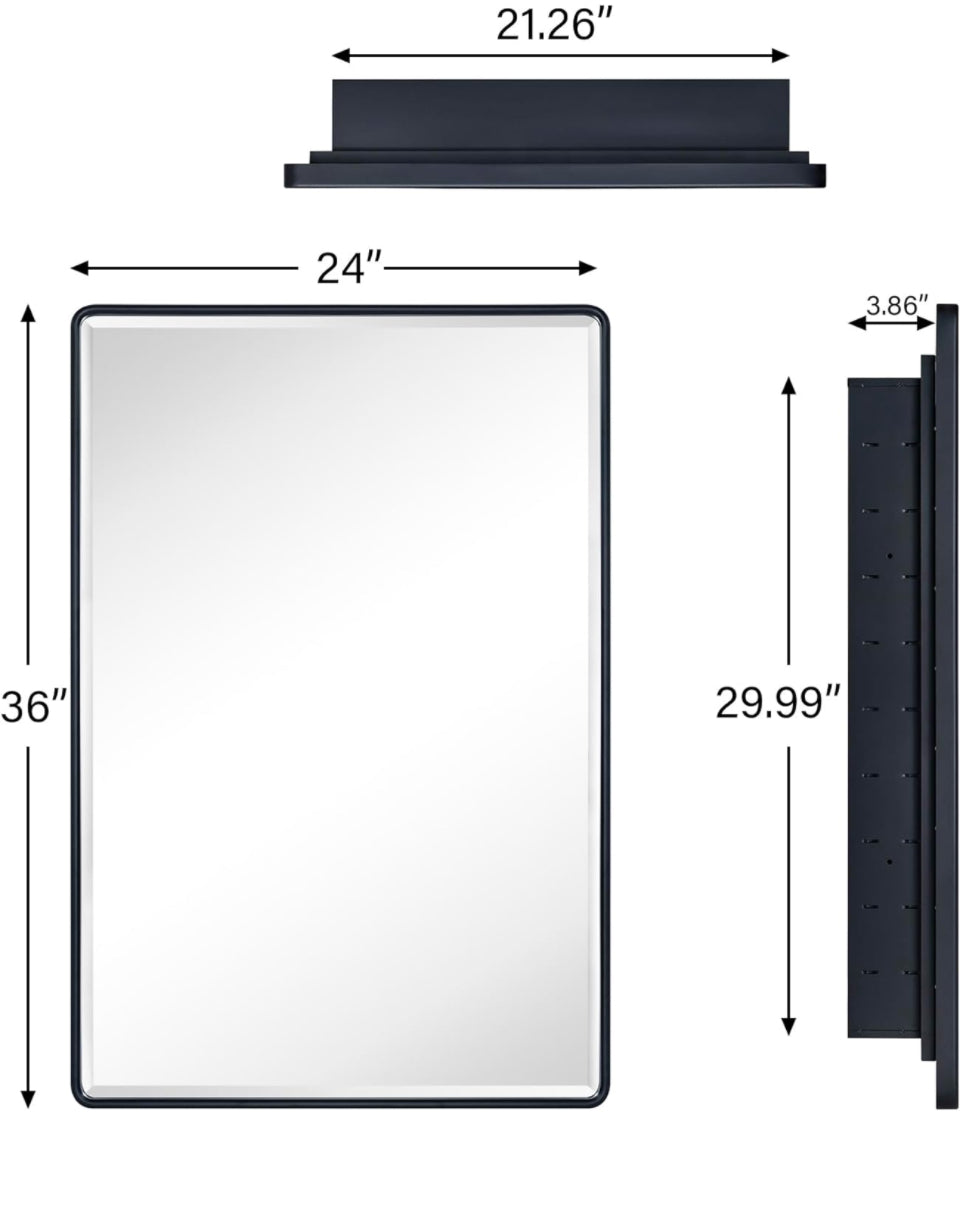 TEHOME Farmhouse Matt Black Recessed Bathroom Medicine Cabinet with Mirror Rounded Rectangle Metal Framed Medicine Cabinet with Beveled Mirror 24x36" - Selzalot