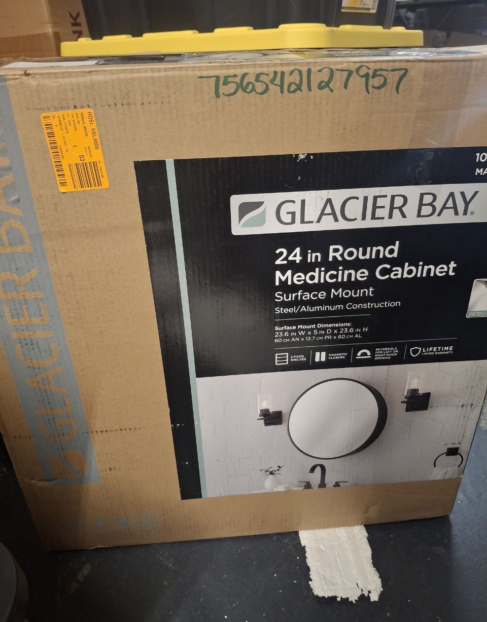 Open Box New Glacier Bay 23.6 in. W x 23.6 in. H Round Matte Black Medicine Cabinet with Mirror