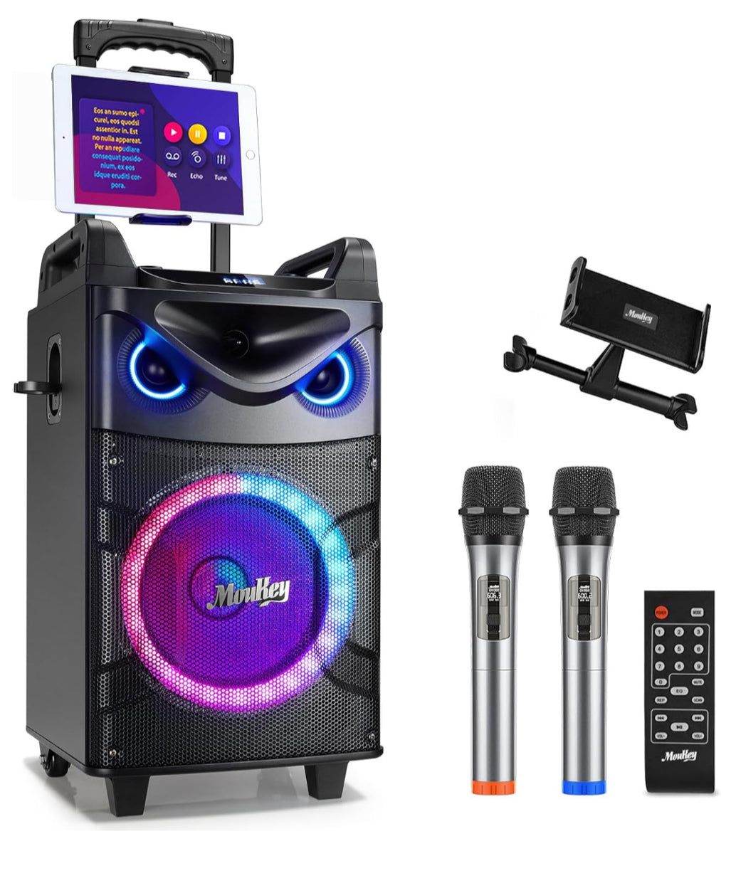 Moukey Karaoke Machine, 10" Woofer Portable PA System, Bluetooth Speaker with 2 Wireless Microphones, Lyrics Display Tablet Holder, Party Lights & Ech - Selzalot