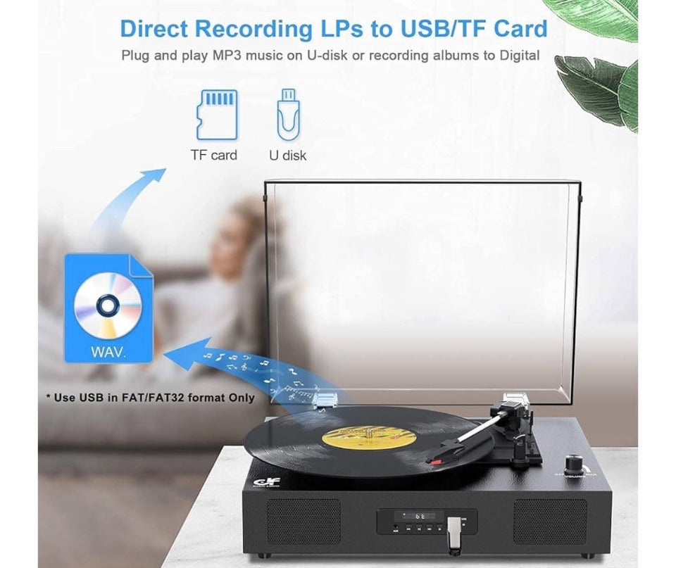 DANFI AUDIO DF Record Player Bluetooth Turntable with Built-in Speaker, USB Recording Audio Music Vintage Portable Turntable for Vinyl Records 3 Speed