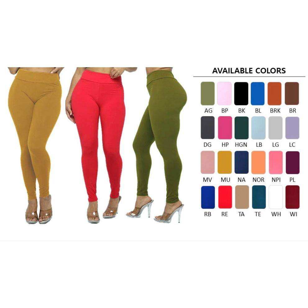Plus size solid seamless leggings in various colors displayed on models with color chart.