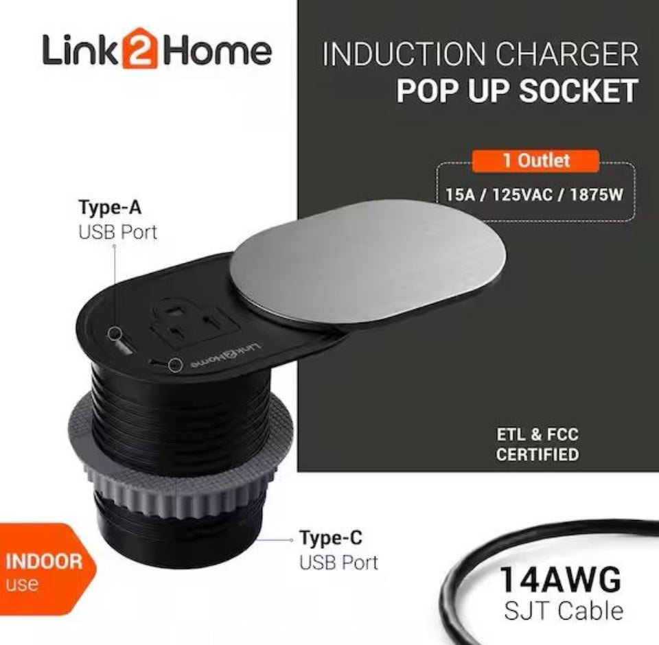Open Box Link2Home 1-Power-Outlet Space Saver Grommet Socket USB A/C Port 3.1 Amp Splash Resistant in Stainless-Steel, Overload Protection
