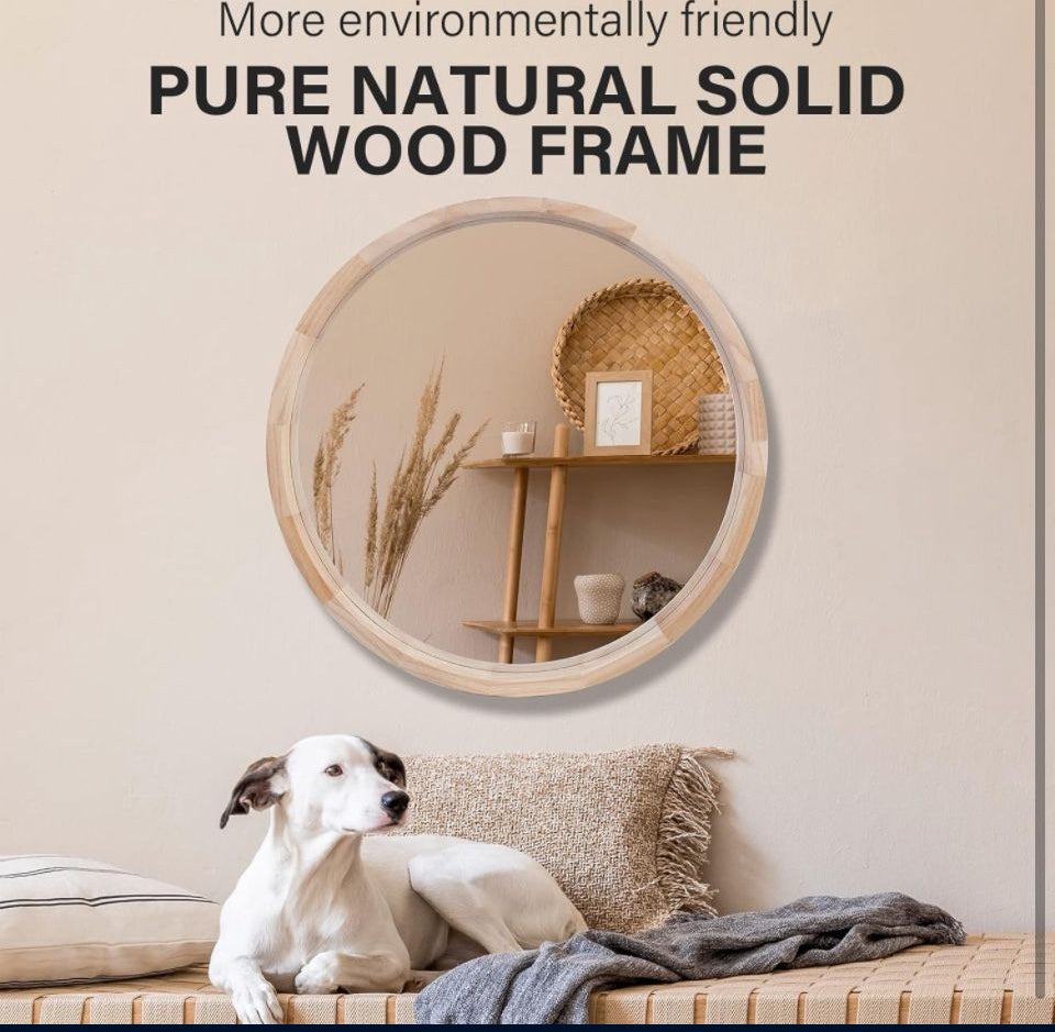 Open Box CONGUILIAO Round Mirror, 24 Inches Wood Mirror, Wall Mirror Decorative Circle Mirror, Nature Big Bathroom Large Vanity Mirror Farmhouse Mirror for Liv