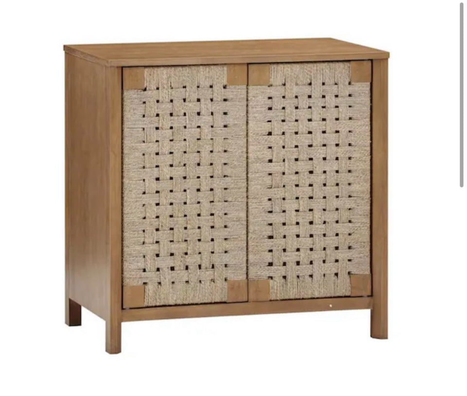 New Nathan James Aerie Rustic Wood Light Brown 31 in. Accent Cabinet, Boho Storage Cabinet w/Seagrass Doors
