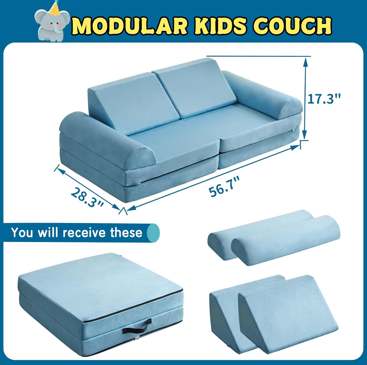 jela Kids Couch Large, Floor Sofa Modular Funiture for Kids Adults, Playhouse Play Set for Toddlers Babies, Modular Foam Play Couch Indoor