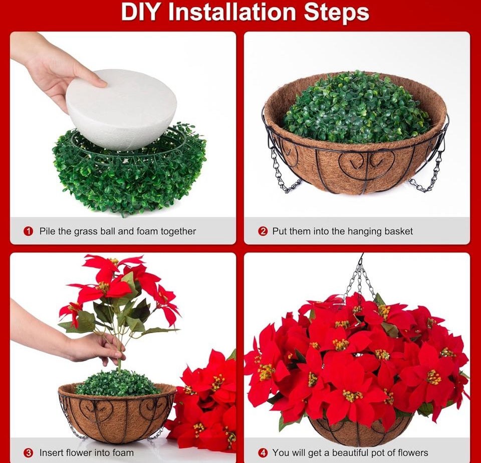 Open Box Ammyoo Artificial Christmas Poinsettia Flowers Hanging Basket for Outdoor Decoration, Fake Silk Christmas Flowers Plant Pot Planter for Garde