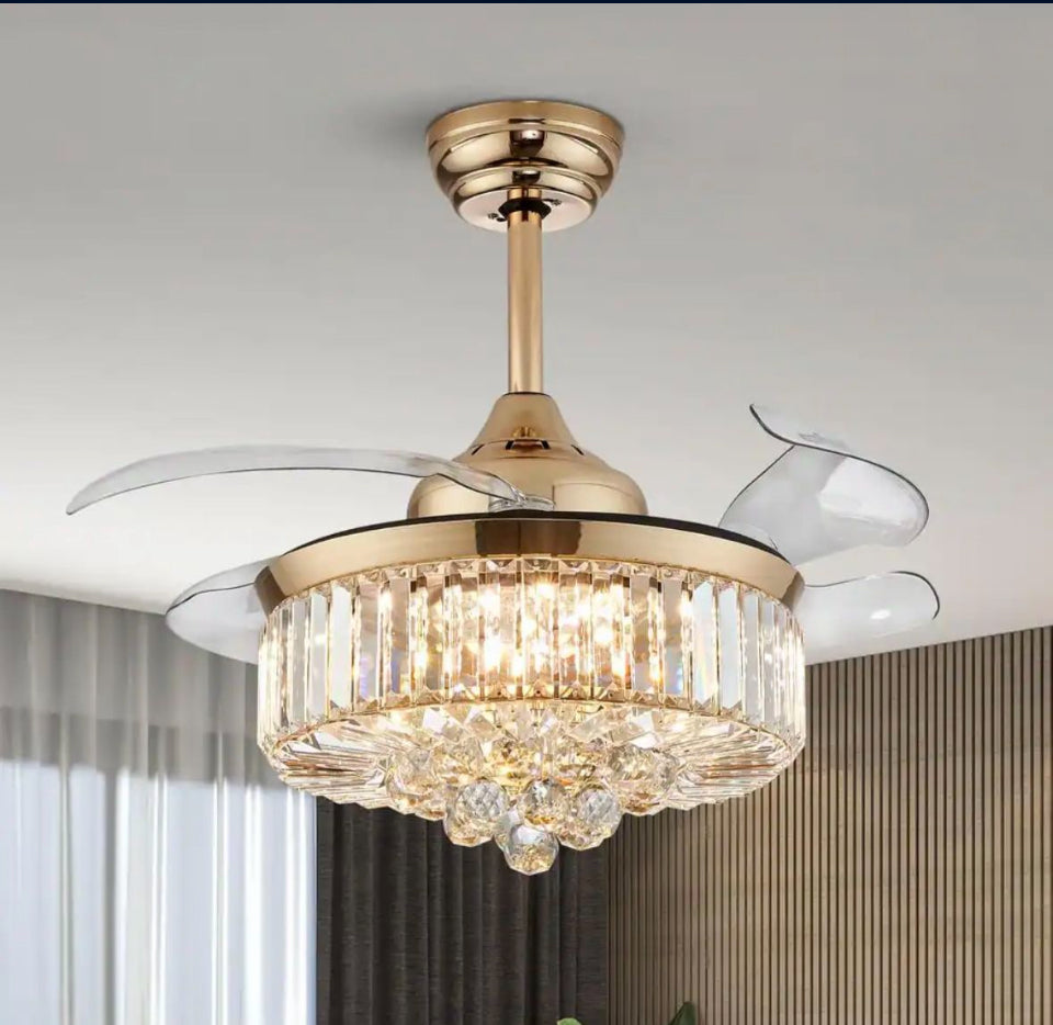 Open box ANTOINE 36 in. Integrated LED Indoor Gold Crystal Chandelier Retractable Blades Ceiling Fan with Light and Remote