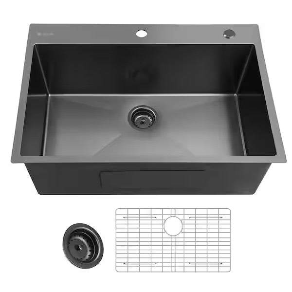 Gunmetal black stainless steel 33-inch drop-in single bowl kitchen sink with accessories