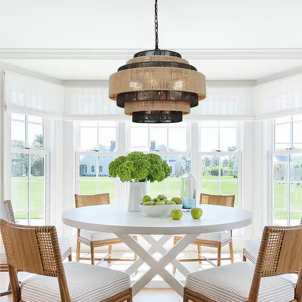 Open Box Prime Ray Luster Boho 24 in. 6-Light 7-Tier Hand Woven Rattan Pendant Chandelier Light with Large Shade and Black Finish
