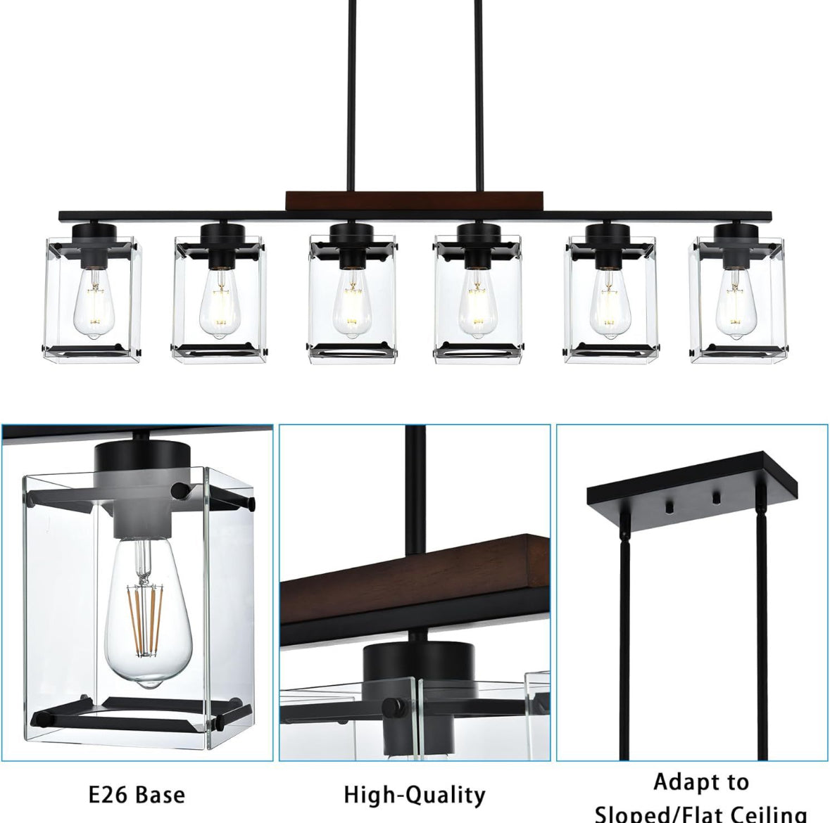 TULUCE 6 Light Farmhouse Chandelier Lighting Vintage Pendant Lighting Clear Glass Shade Flush Mount Lighting Fixture Black Pendant Lamp for Entryways, - Selzalot