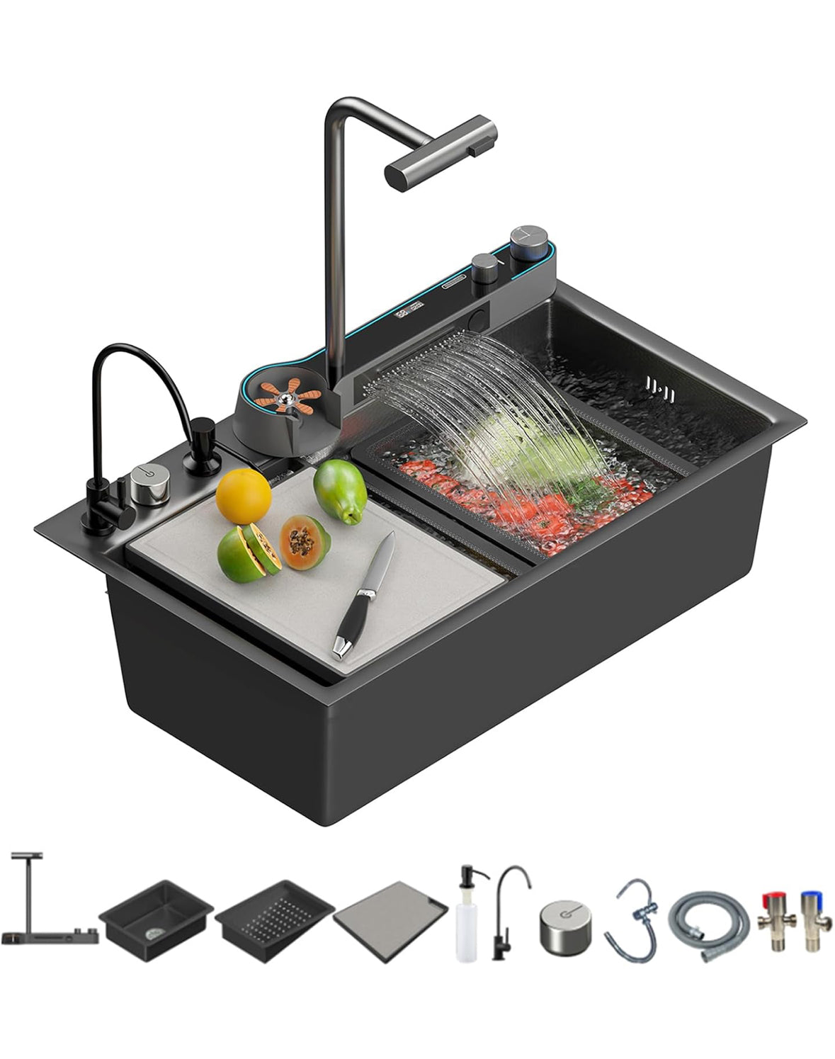 Modern kitchen sink with honeycomb embossing, digital pullout faucet, and multi-function features (29.5 x 18.1 inch).