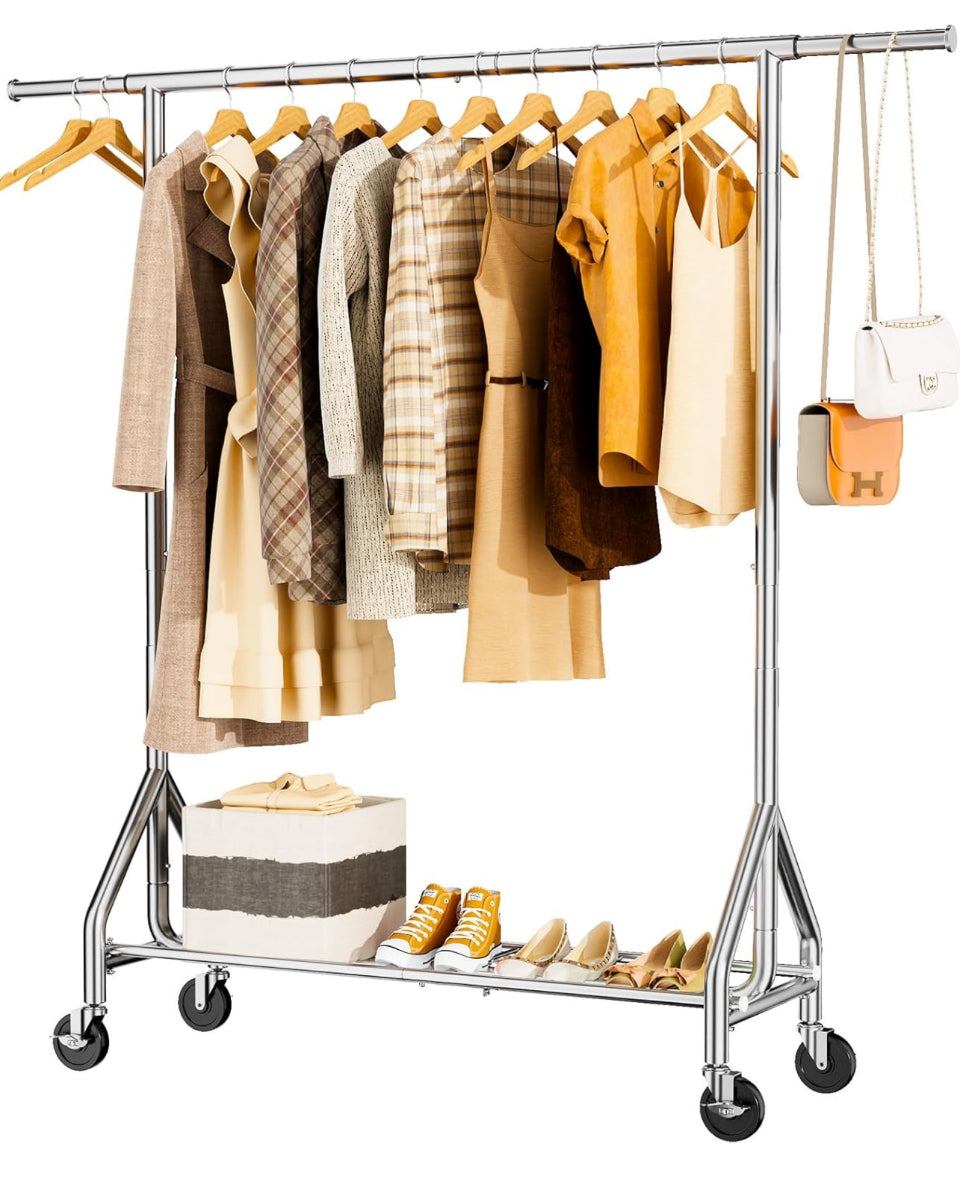 Open Box HYSEYY Heavy Duty Clothes Rack Load 450 LBS, Metal Garment Rack, Standing Rolling Clothing Rack for Hanging Clothes with Sturdy Wheels & Shel