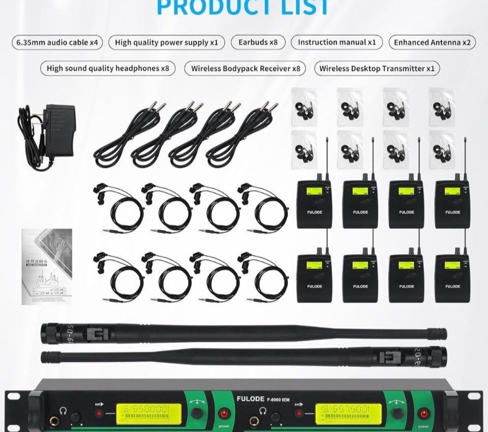 Open Box IEM UHF Wireless in Ear Monitor System 2 Channel 8 Bodypacks Monitoring with in Earphone, 2x40 UHF Frequencies, for Stage, Studio