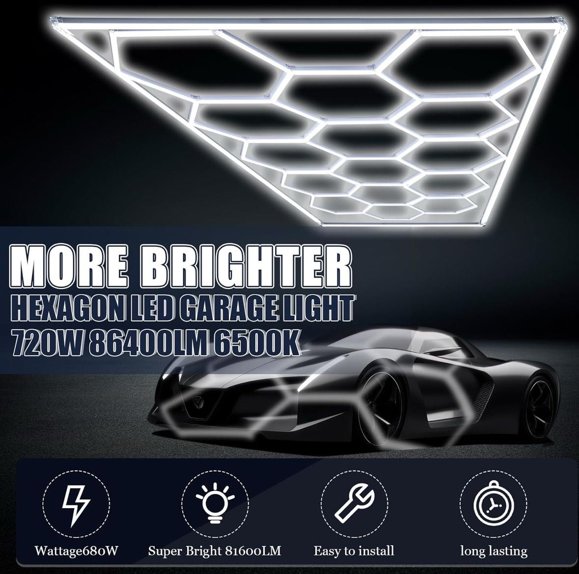 Open Box Baquler 15 Hexagon LED Garage Light System Honeycomb LED Shop Lights with White Border for Garage Workshop Car Detailing Shop Exhibition Hall