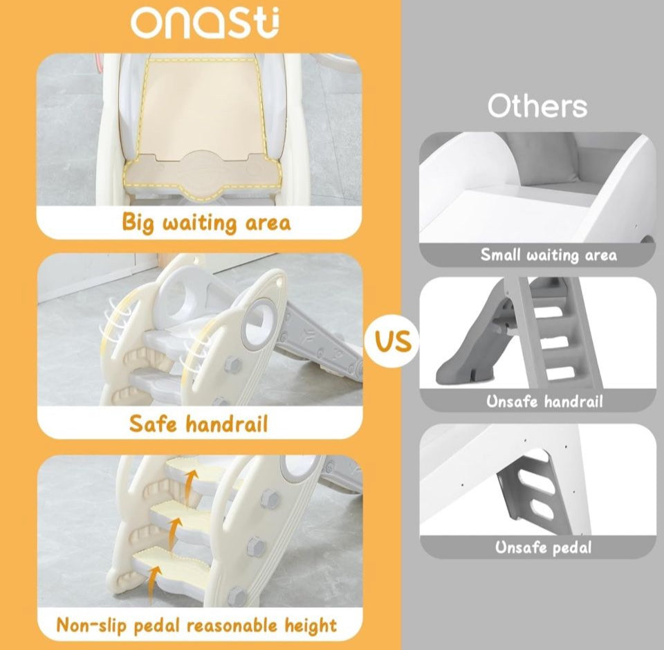 Open Box Onasti Kids Slide for Toddlers Age 1-3 Indoor Baby Plastic Slide Outdoor Climber Freestanding Playset with Basketball Hoop & Ring Game Grey