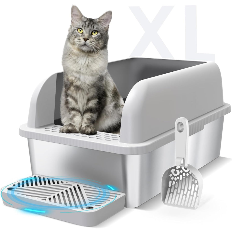 Suzzipaws enclosed stainless steel XL cat litter box with lid and scoop.