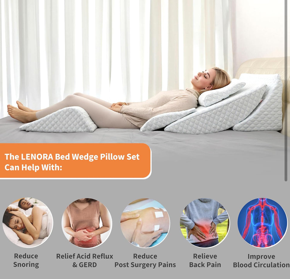 Open Box LENORA Adjustable Orthopedic Bed Wedge Pillow Set, Reading Pillow & Back Support for Sleeping, Memory Foam Wedge for Lower Back, Knee and Leg