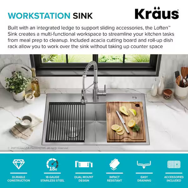 Open Box KRAUS Loften 33 in. Drop-In/Undermount Double Bowl 18 Gauge Stainless Steel Kitchen Workstation Sink with Accessories