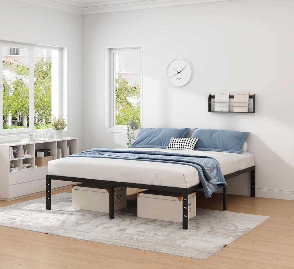 JETO Metal Bed Frame,King Size Bed Frame with Storage Space,Heavy Duty Sturdy Mattress Foundation,Easy Assembly,No Box Spring Needed, Black,14 Inch,King