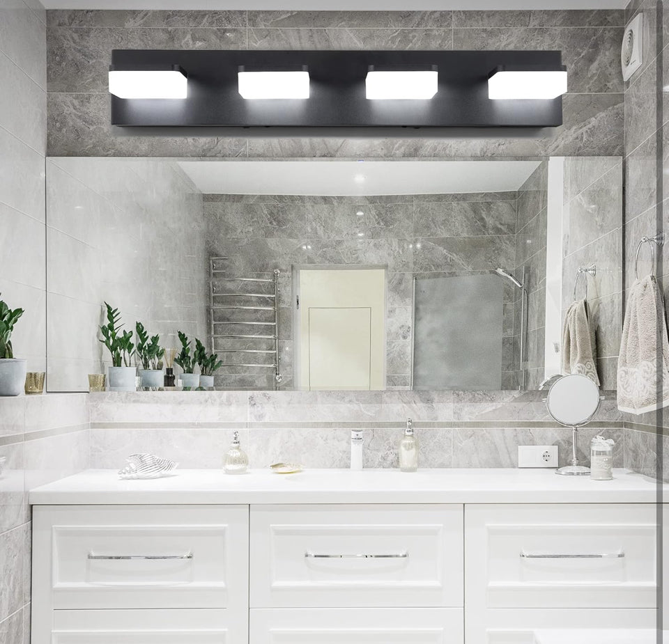 Open Box GOODATE 3 Colors Dimmable Black Vanity Lights for Bathroom, LED 4 Light Vanity Lighting Fixtures, Acrylic Stainless Steel Bathroom Light Fixt