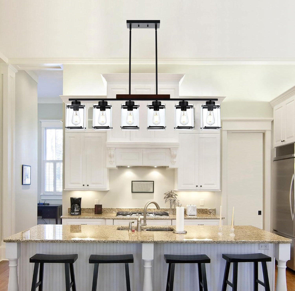 TULUCE 6 Light Farmhouse Chandelier Lighting Vintage Pendant Lighting Clear Glass Shade Flush Mount Lighting Fixture Black Pendant Lamp for Entryways, - Selzalot