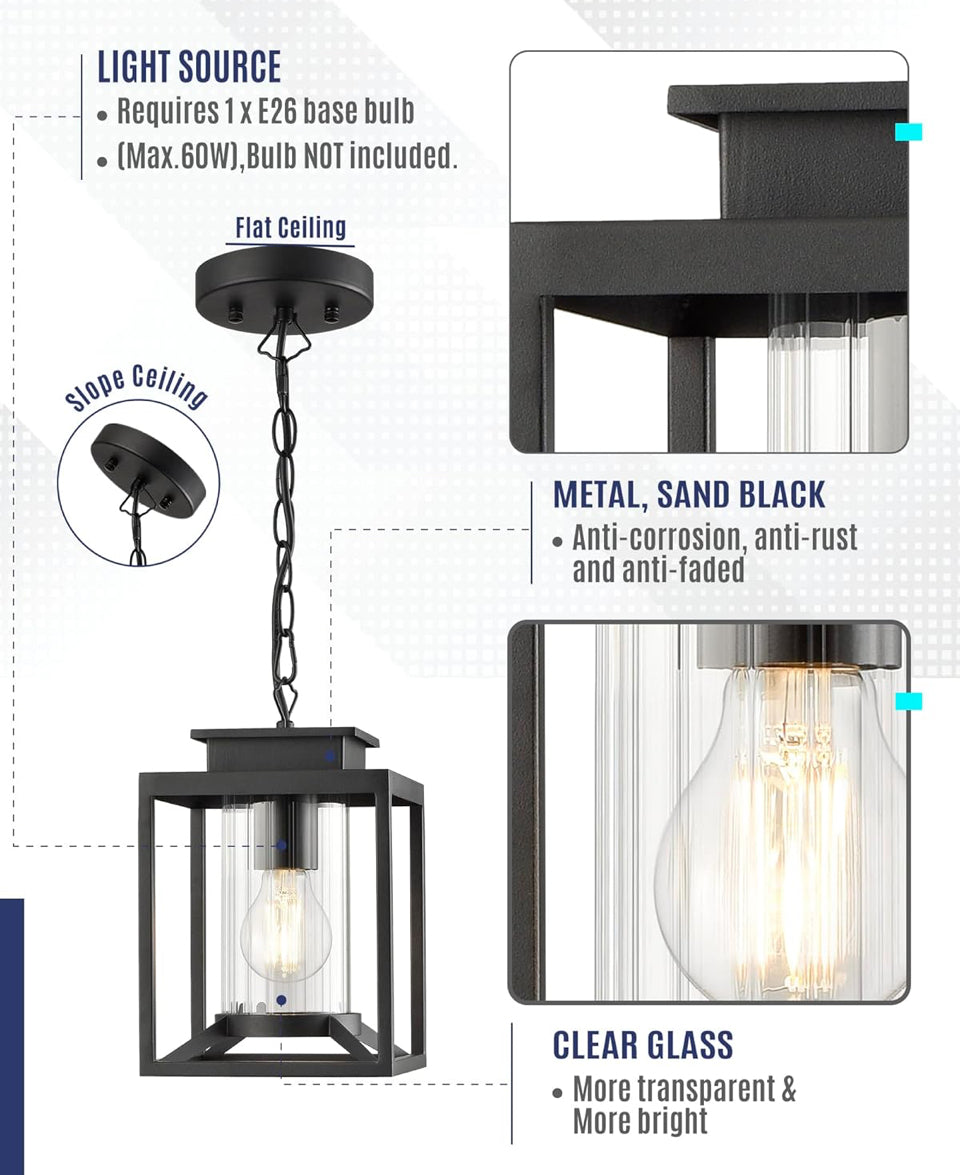 Brand New Osimir Outdoor Pendant Light for Porch, 1-Light Black Hanging Porch Light Modern Exterior Hanging Lantern with Cylinder Glass and Adjustable Chain for Gazebo, 2353/1H