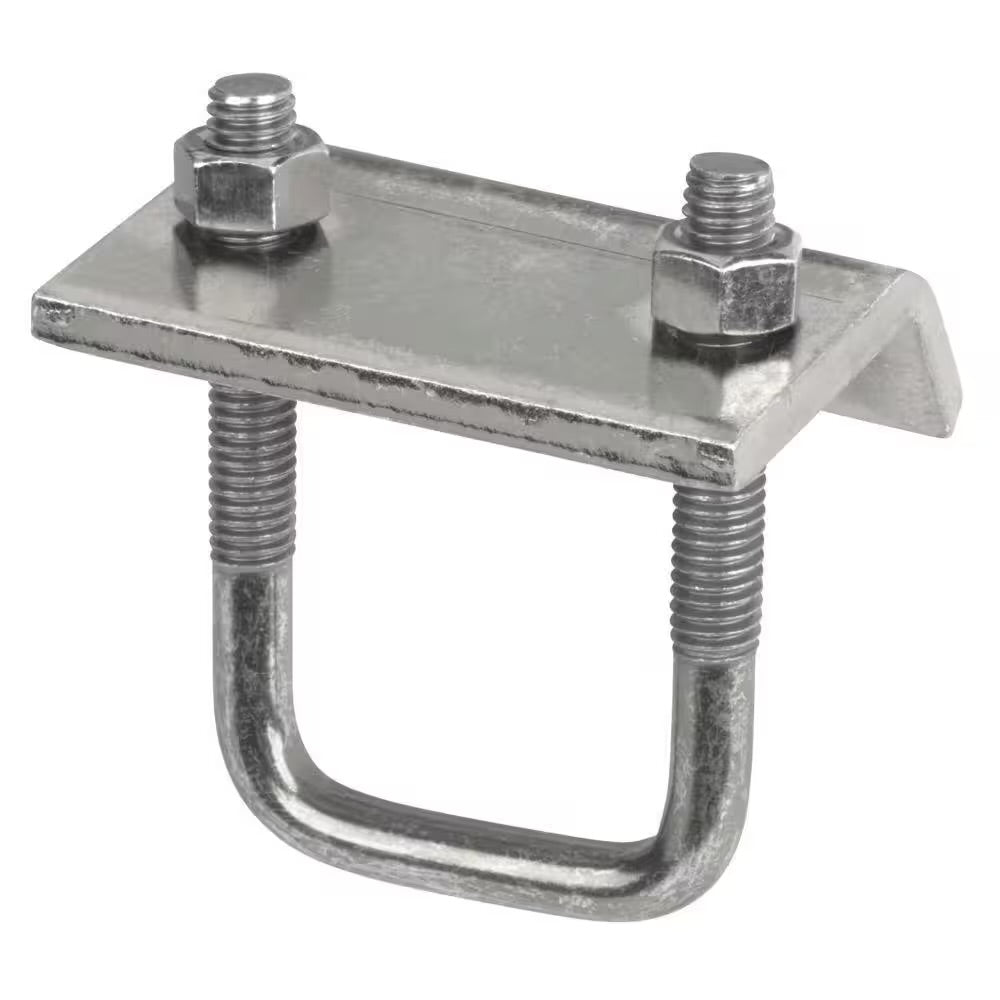 Silver galvanized Superstrut channel to beam strut clamp with U-bolt for securing 12-14 gauge channels up to 2150 lbs