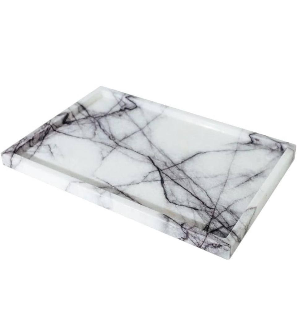 Rectangular natural genuine marble vanity tray with lilac resin and ceramic stone finish for home decor and bathroom organization