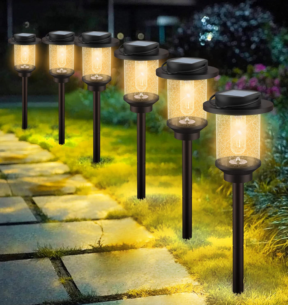 Open Box EVELYNSUN solar outdoor pathway lights with cracked glass design, waterproof and automatic solar-powered garden lighting set of six