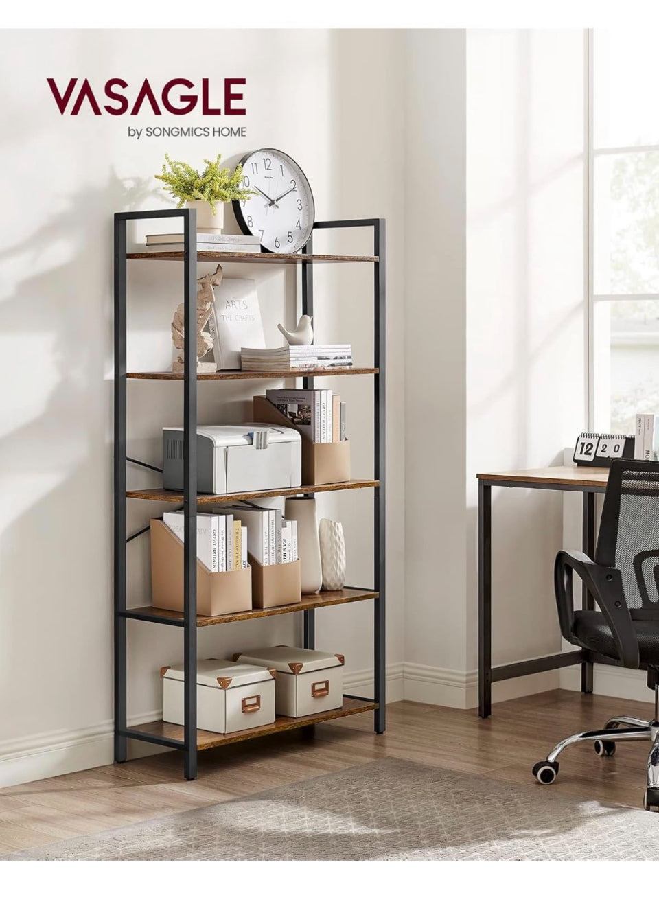 VASAGLE 5-Tier Bookshelf Industrial Style with Steel Frame, Rustic Brown and Ink Black, 11.8 x 26 x 60.2 Inches, ULLS061B01 Bookcase, Book Shelf, for Living Room, Home Office, Study