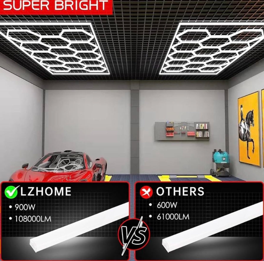 Open Box LZHOME LED Hexagon Garage Light - Super Bright 900W 108000LM Car Detailing Shop LED Ceiling Lights Hexagon Lighting System for Home Gym Garage Worksho