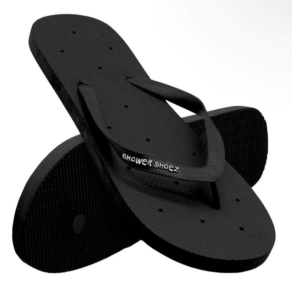 Black Shower Shoez men's non-slip shower flip flops with drain holes and slip-resistant soles