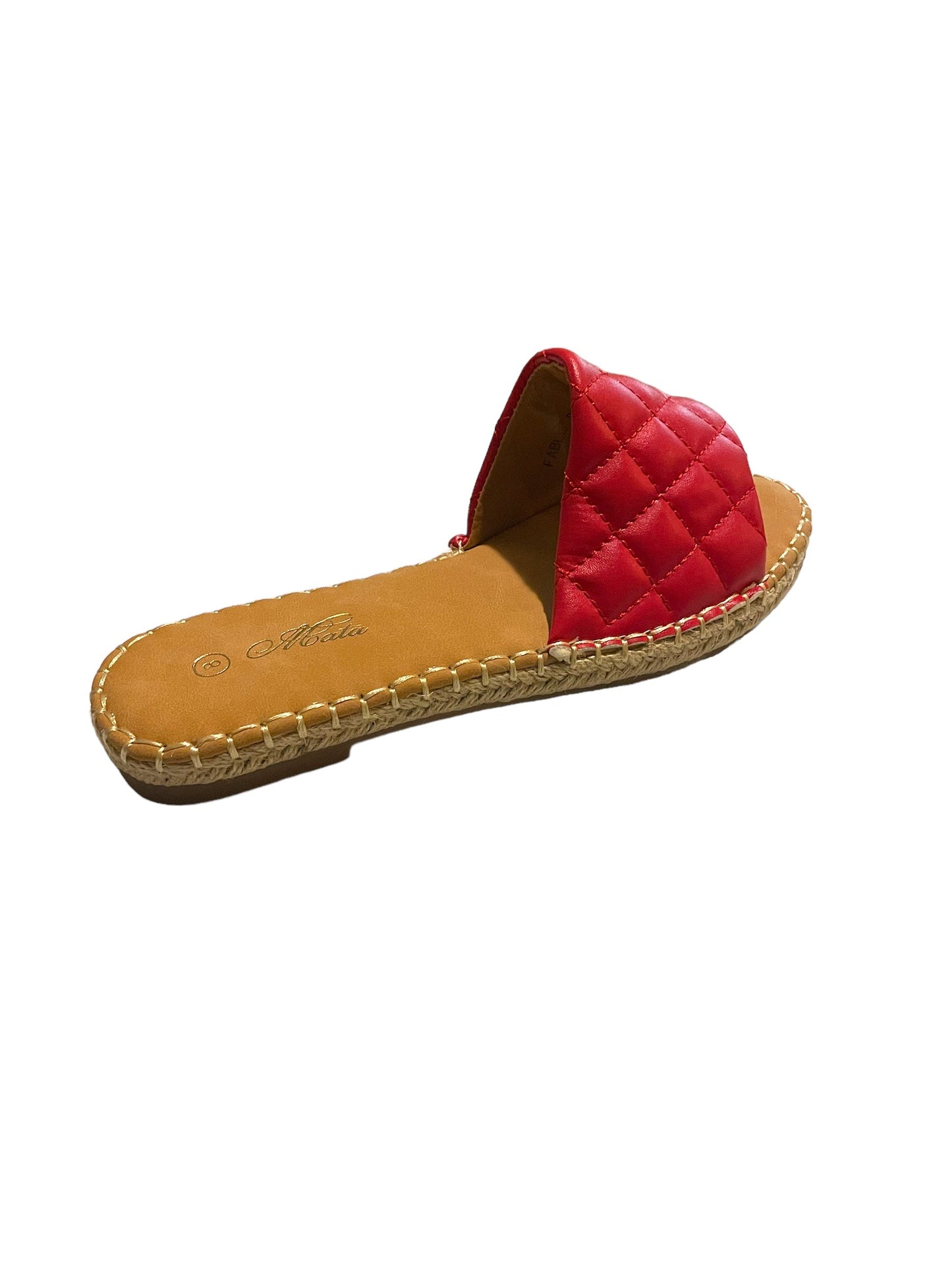 Mata Shoes Fable red flat slide sandal with quilted strap and tan sole size 8