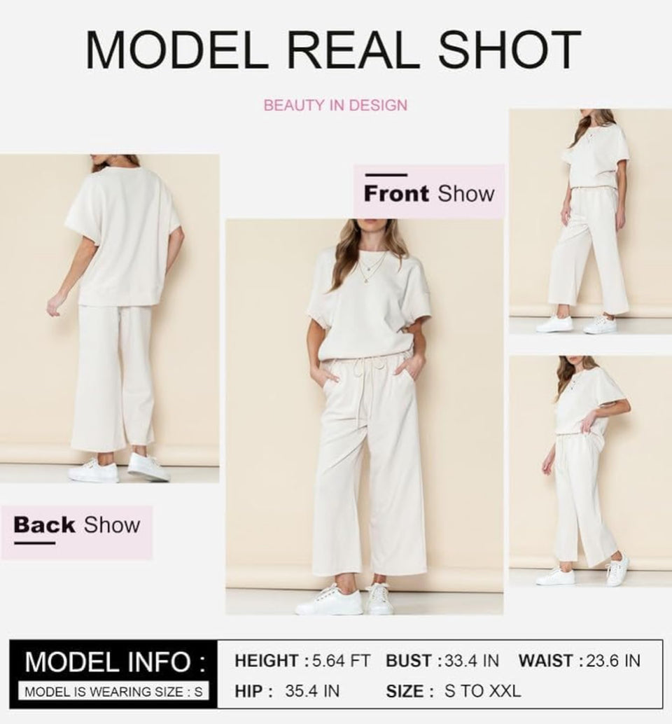 Brand New SHEWIN Women's 2 Piece Outfits Sweatsuit Casual Short Sleeve Pullover Tops and Drawstring Wide Leg Pants Lounge Sets