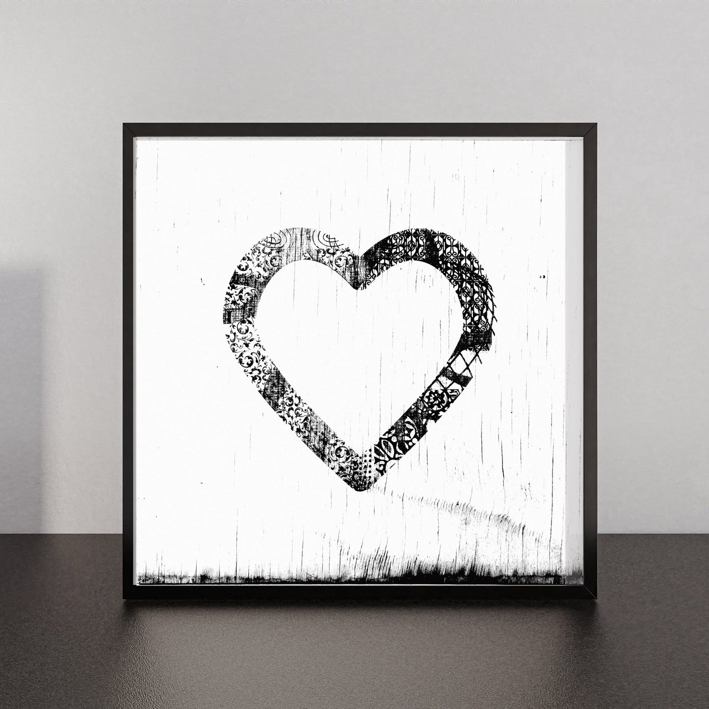 Ornamental heart art print with intricate vintage filigree design on white background in black frame