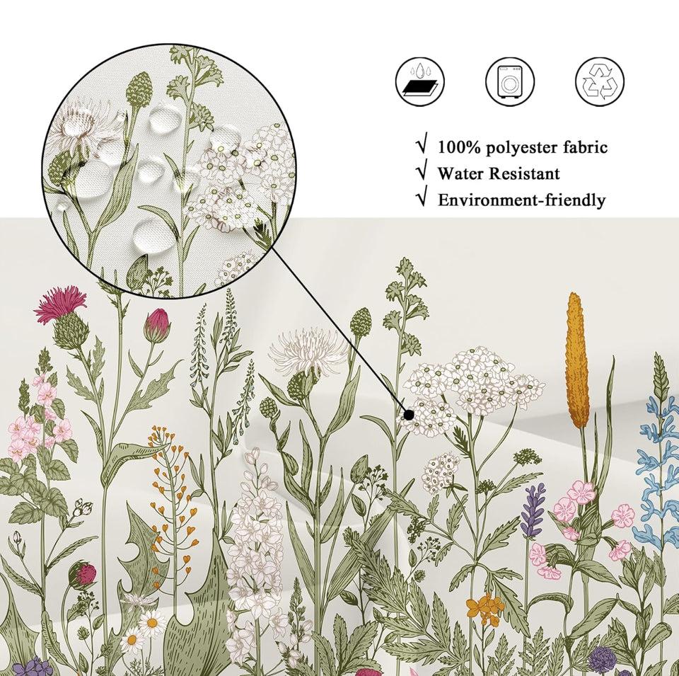 USED Riyidecor Wildflower Botanical Shower Curtain for Bathroom Decor 72Wx72H Inch Floral Flower Plant Herbs Sage Green Leaves Decorative Bath Set Bathroom Accessories Fabric Waterproof 12 Pack Hooks