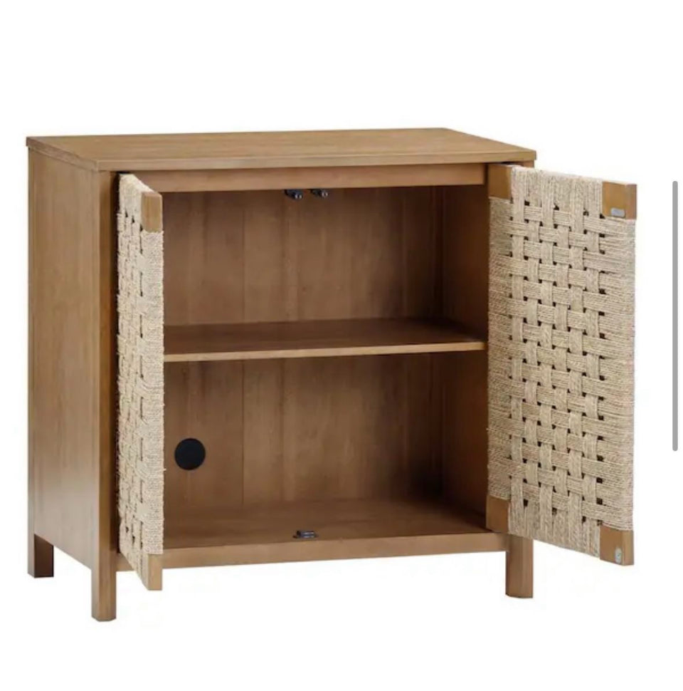 New Nathan James Aerie Rustic Wood Light Brown 31 in. Accent Cabinet, Boho Storage Cabinet w/Seagrass Doors