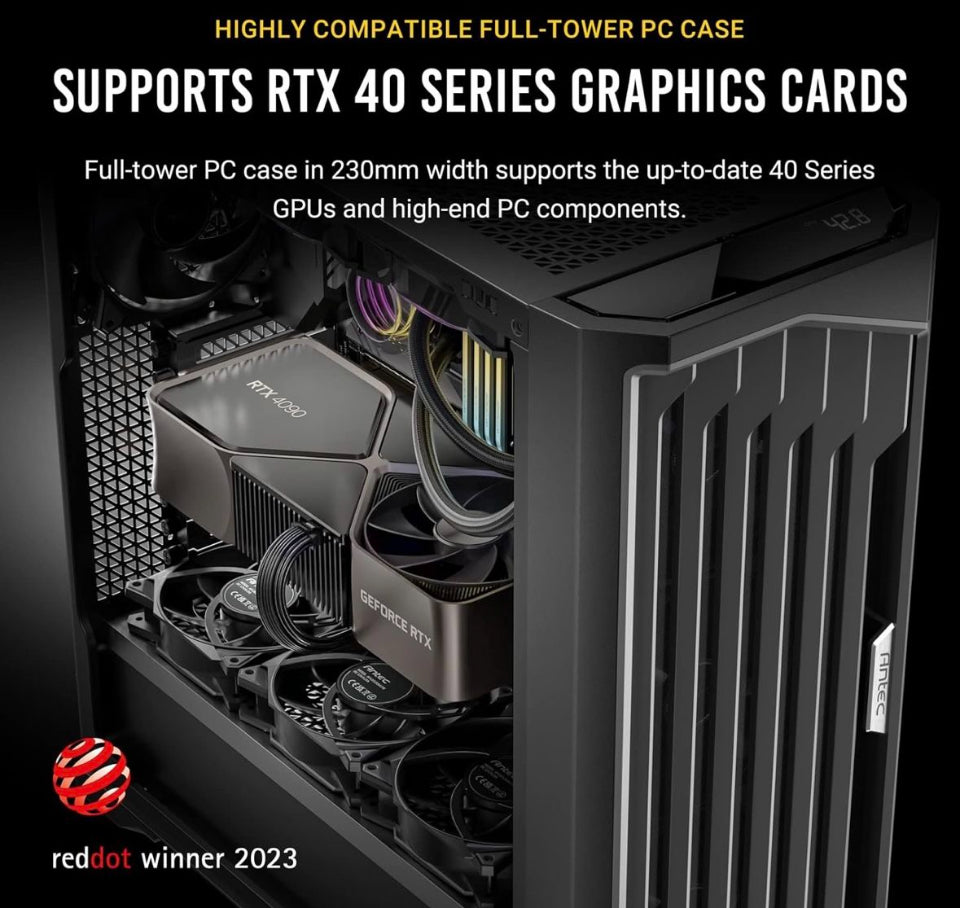 Antec Performance 1 FT, Full Tower, RTX40 Fully Compatible, Temp Display, 4 x Storm T3 PWM Fans, Type-C, Dual TG Side Panels, Removable Top Bracket, High Airflow Mesh Front Panel, E-ATX PC Gaming Case